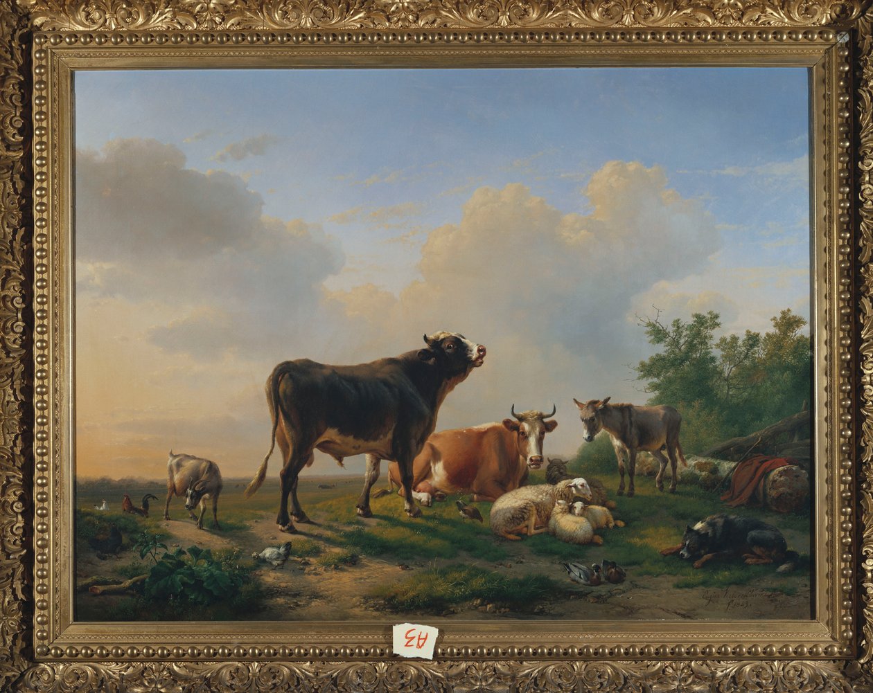 En tjur, en ko, en åsna, en get, får och fjäderfä i ett vidsträckt landskap, 1849 av Eugene Joseph Verboeckhoven