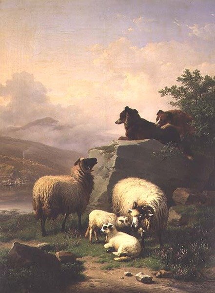 Får och lamm med två hundar i ett flodlandskap av Eugene Joseph Verboeckhoven