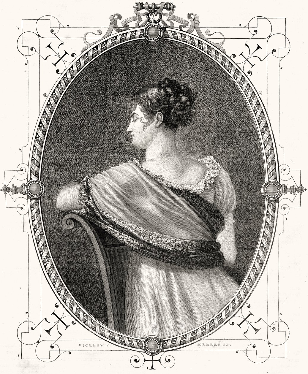 Porträtt av Madame Recamier (1777-1849) graverad av Antoine Auguste Ernest Hebert (1817-1908) av Eugene Joseph Viollat