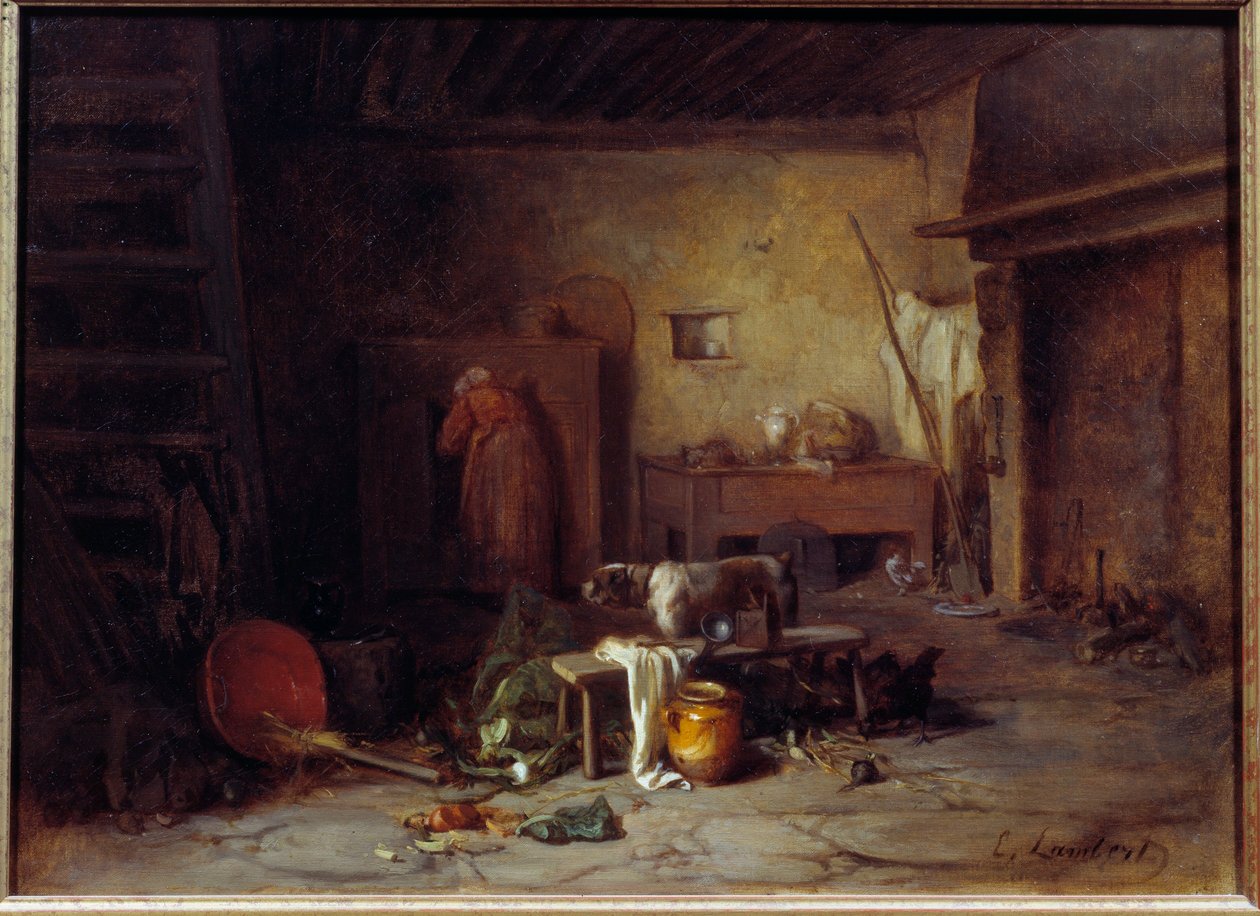 Köksinredning på Nohant Cuisine de la maison de George Sand (Aurore Dupin, Baronne Dudevant) (1804-1876) (?). målning av Eugene Lambert (1825-1900) 1800-talets Paris, Museum of Romantic Life av Eugene Lambert