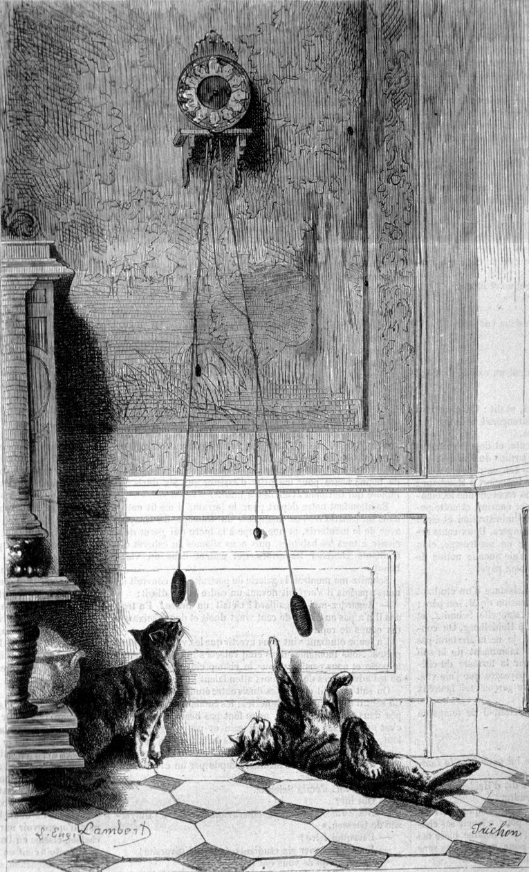 Två kattungar som leker med en klocka. Illustration av Eugene Lambert. Gravyr. av Eugene Lambert