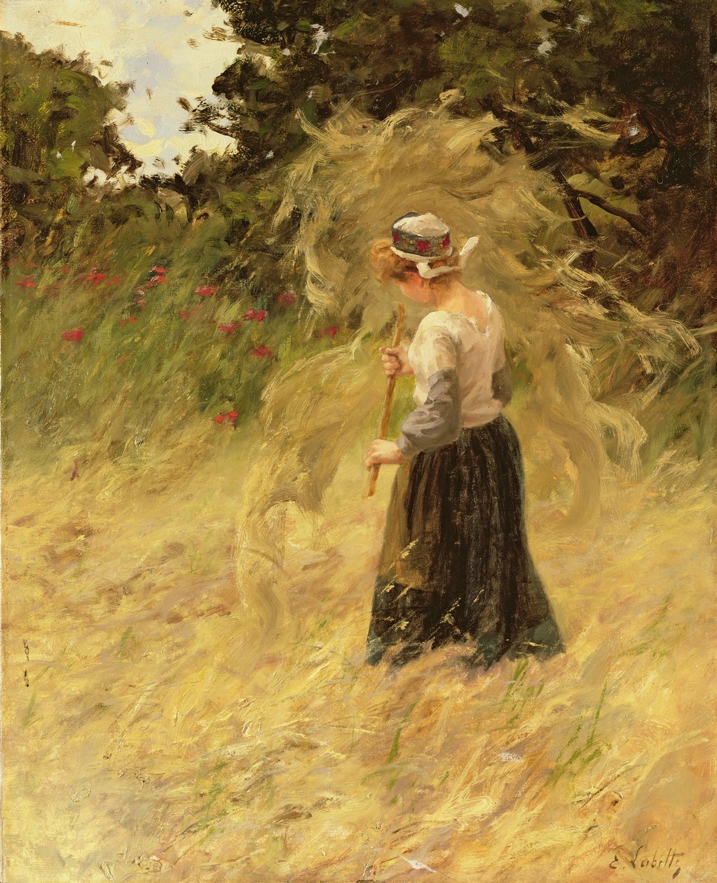 En flicka som skördar hö, 1800-tal av Eugene Leon Labitte
