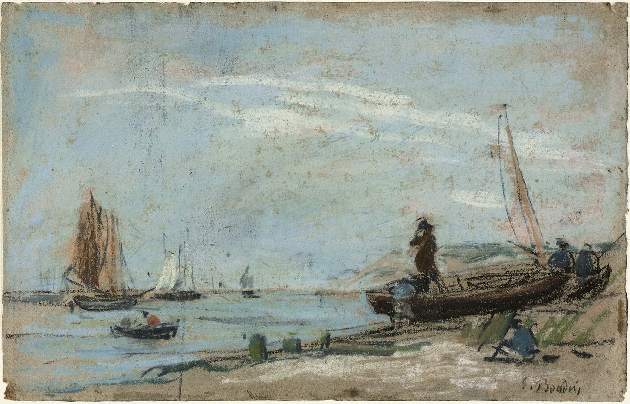 Strand med fiskebåtar (recto); Landskap med bonde som plöjer en åker (verso) av Eugene Louis Boudin