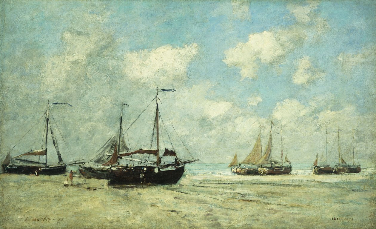 Båtar på stranden vid Scheveningen; Scheveningen, Fartyg strandade på Greve, 1875 av Eugene Louis Boudin