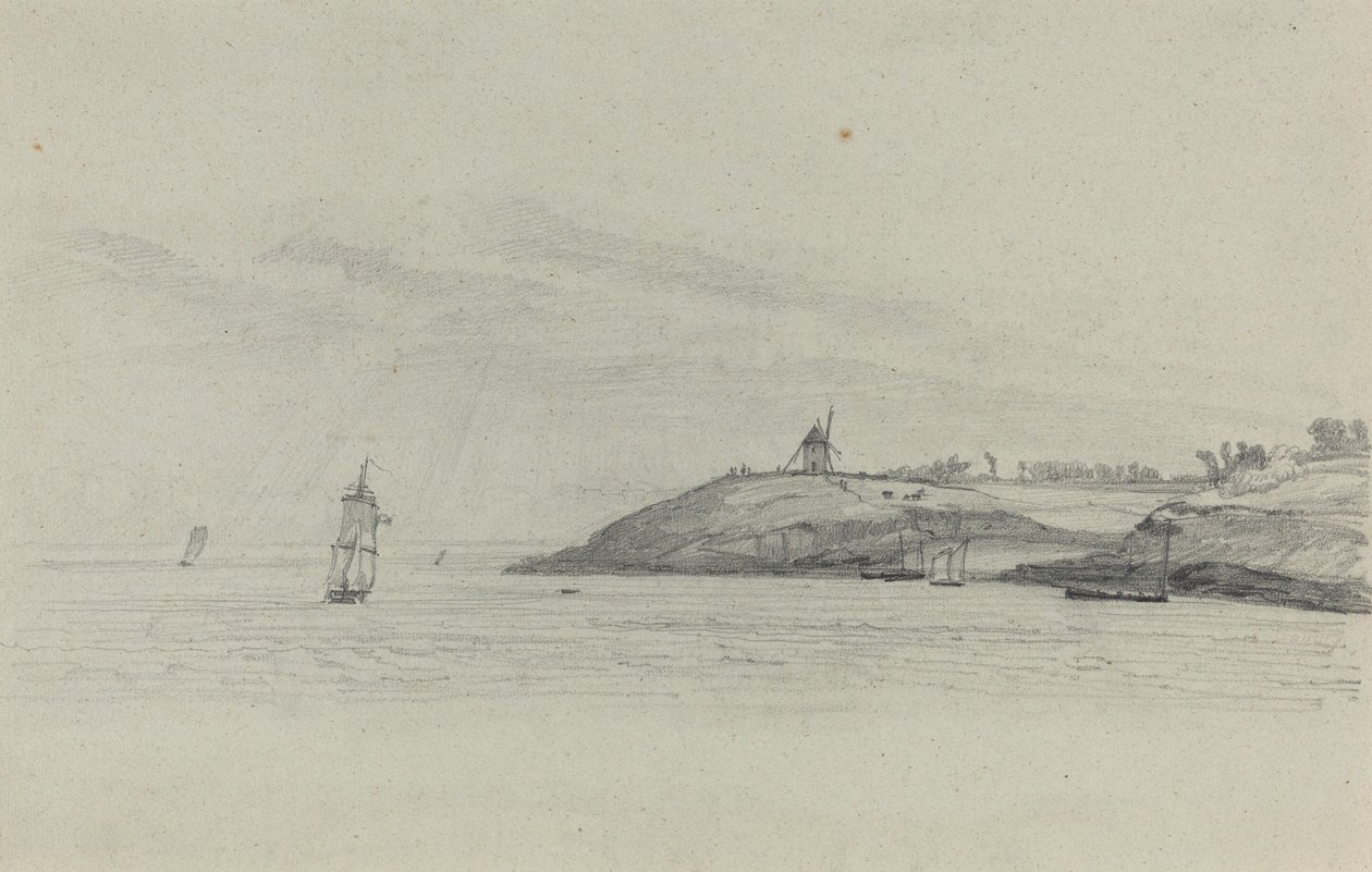 Kustlandskap med sjöfart, väderkvarn på avstånd, ca. 1858. av Eugene Louis Boudin
