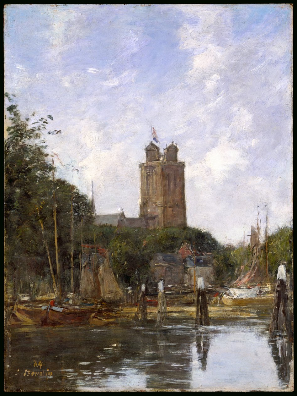 Dordrecht, den stora kyrkan från kanalen, 1884 av Eugene Louis Boudin