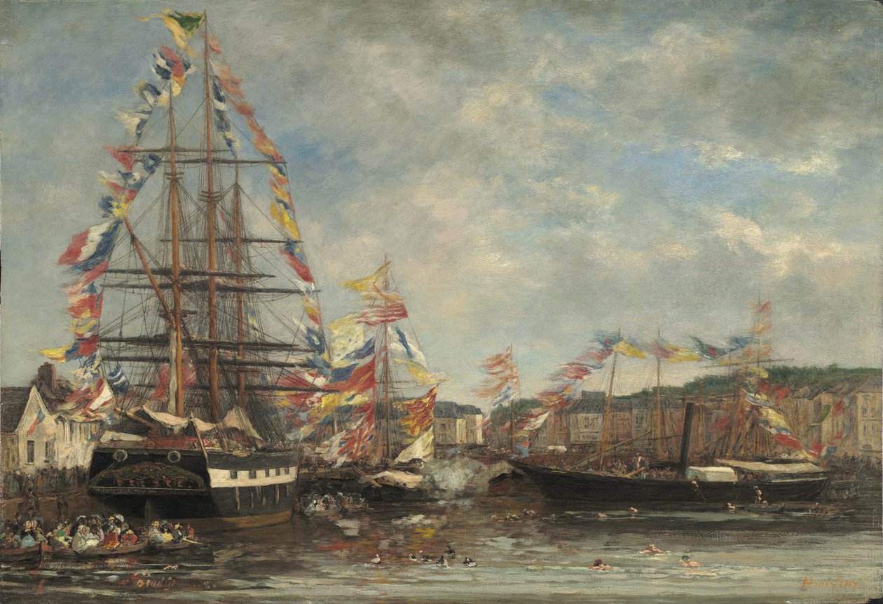 Fest i Honfleur hamn, 1858 (olja på trä) av Eugene Louis Boudin