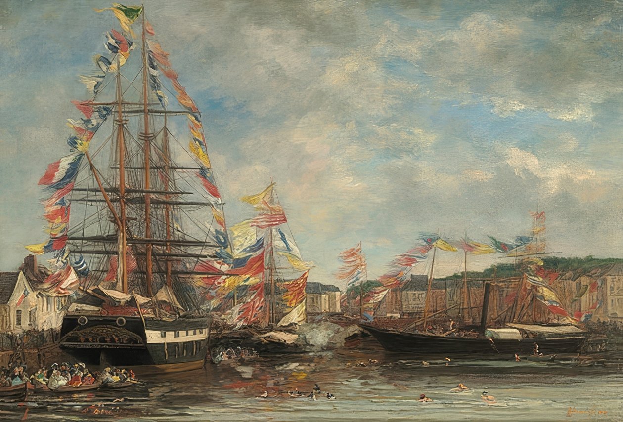 Festivaldag i hamnen i Honfleur. 1858 av Eugene Louis Boudin