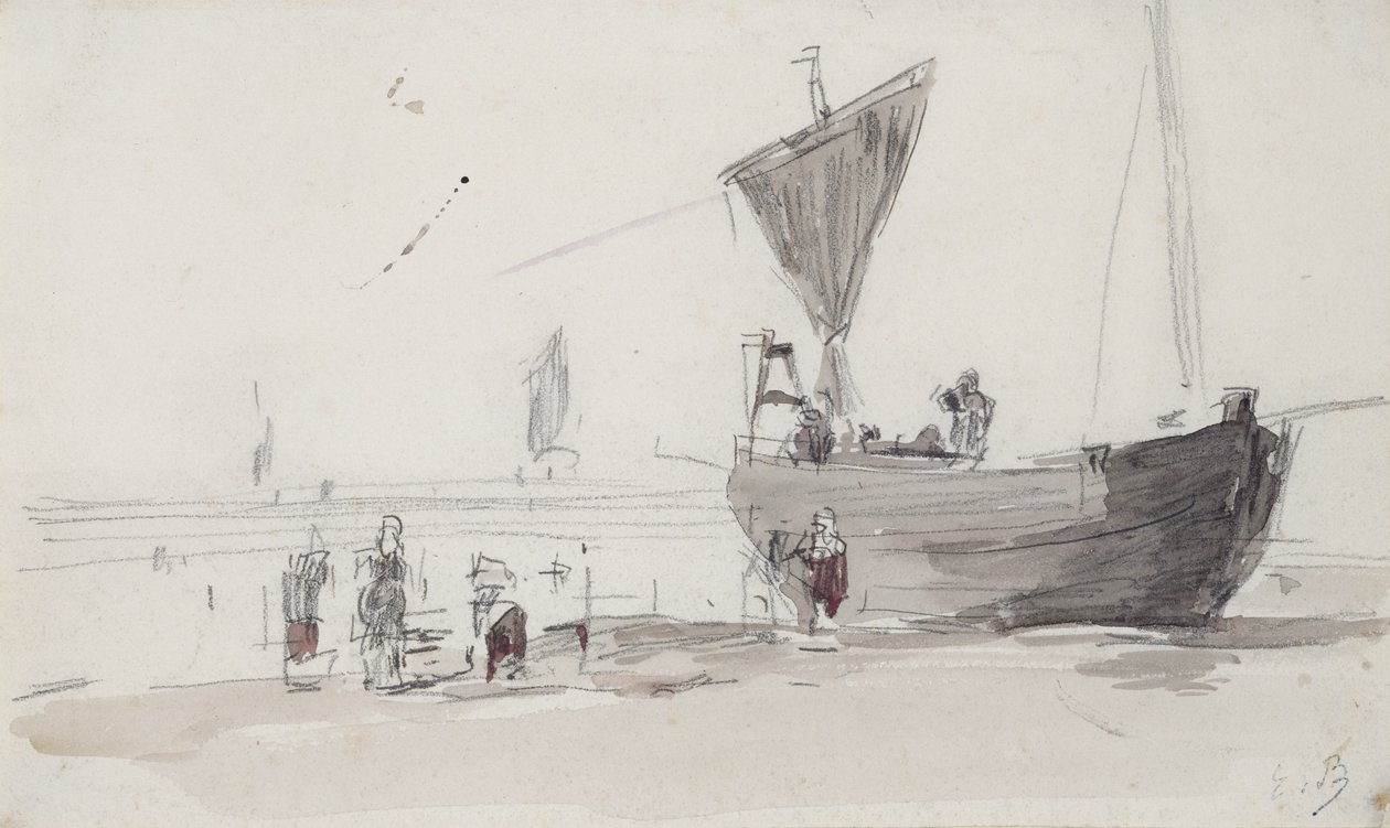 Fiskebåt på stranden (penna och wc på papper) av Eugene Louis Boudin