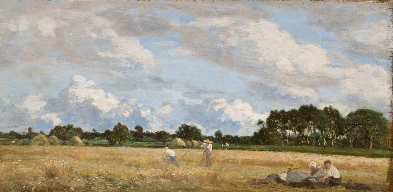 Höstarbete (Le Foins), ca 1870-90 (olja på ekpanel) av Eugene Louis Boudin