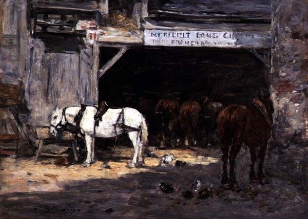 Hästar att hyra på en gård, ca 1885-90 (olja på panel) av Eugene Louis Boudin