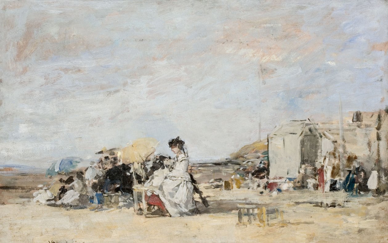 Dam i vitt på stranden i Trouville av Eugene Louis Boudin