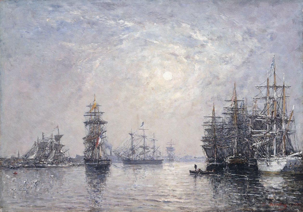 Le Havre, Eure Basin, segelbåtar vid ankar, solnedgång; Le Havre, Eure Basin, Segelbåtar vid ankar, solnedgång, 1870 av Eugene Louis Boudin