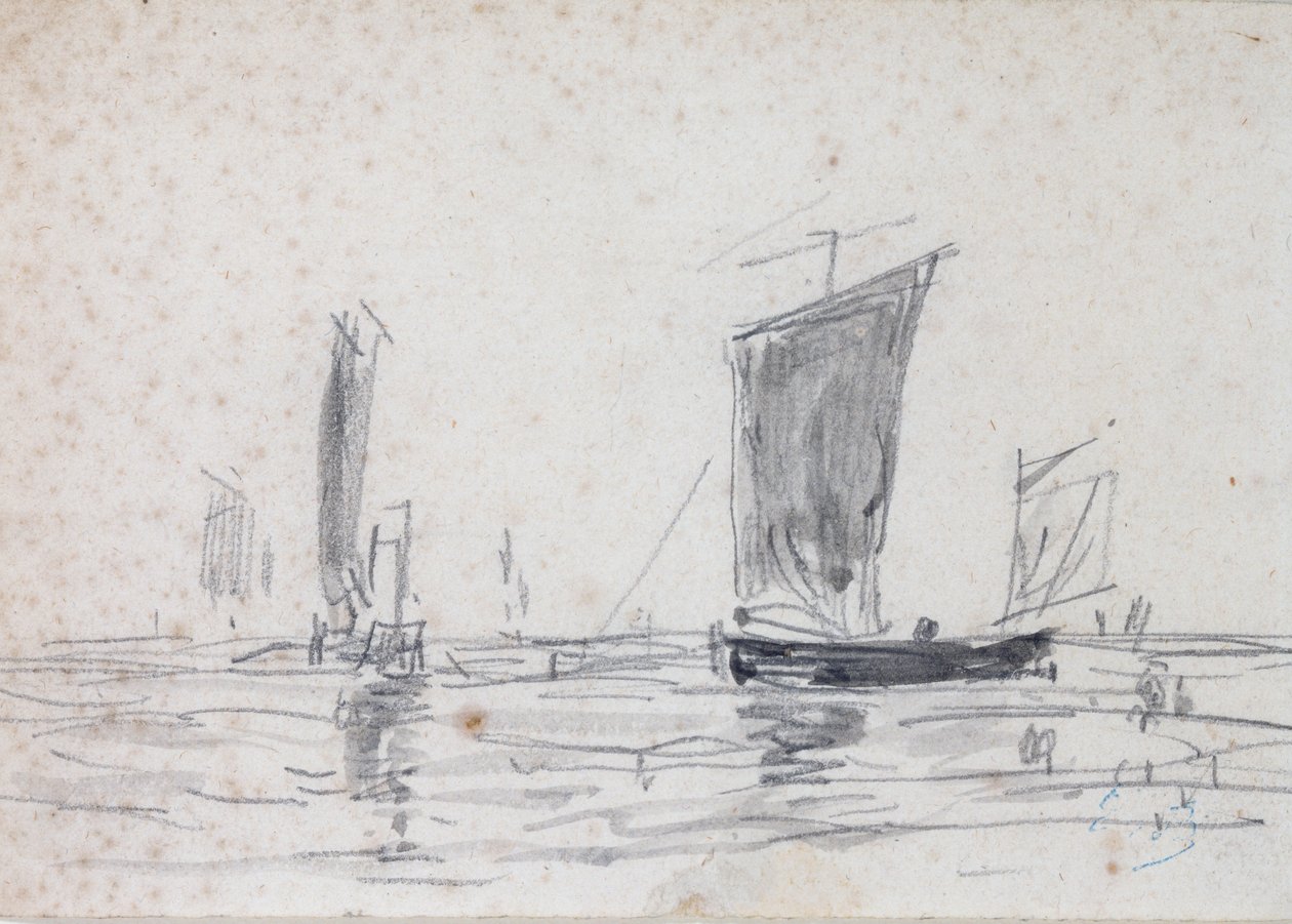 Segelbåtar på havet (tvätt och grafit på papper) av Eugene Louis Boudin