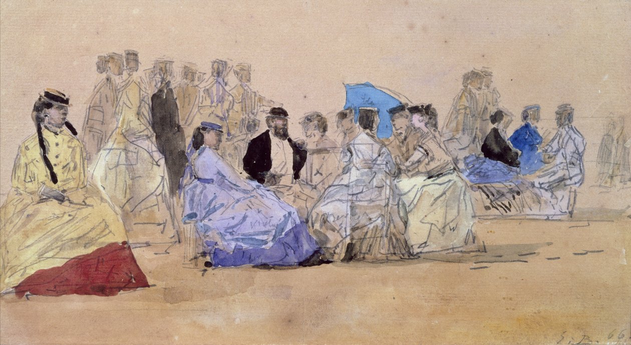 The Beach at Trouville, 1866 (penna och wc på papper) av Eugene Louis Boudin