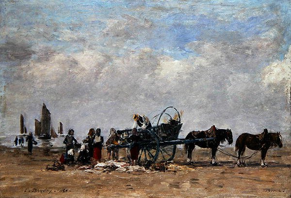 Fiskvagnen, Berck, ca 1880 (olja på duk på panel) av Eugene Louis Boudin