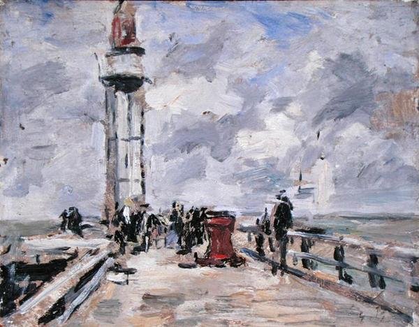 Bryggan och fyren i Honfleur, ca 1885-90 (olja på panel) av Eugene Louis Boudin