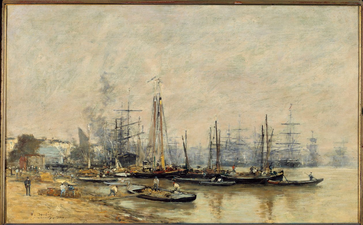 Hamnen i Bordeaux Fartyg på Garonne. Målning av Eugene Louis Boudin (1824-1898) 1874 Sön. 0,41x0,65 m Paris, musee d