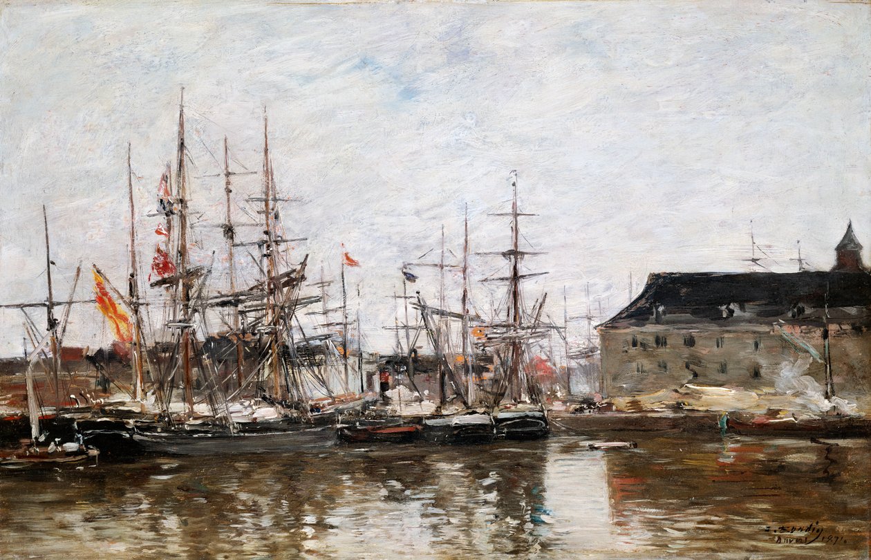 Tremästare i Dock, Antwerpen, 1871 av Eugene Louis Boudin
