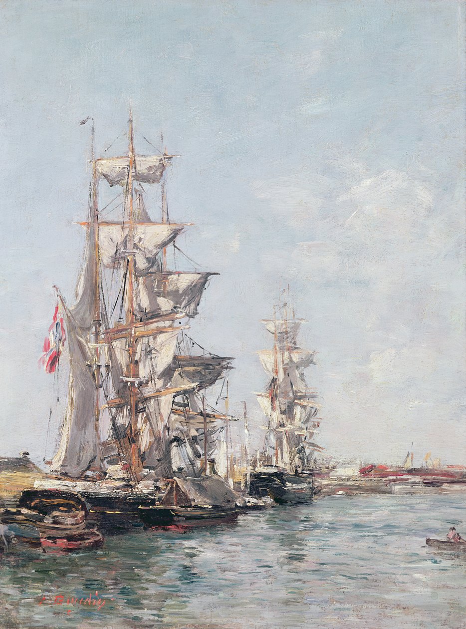Tremastade båtar vid kajen i Deauvilles hamn, ca 1888-89 av Eugene Louis Boudin