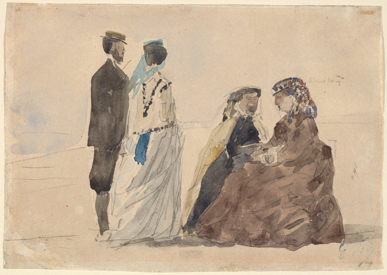 Två sittande damer och ett par som går på stranden, ca. 1866. av Eugene Louis Boudin