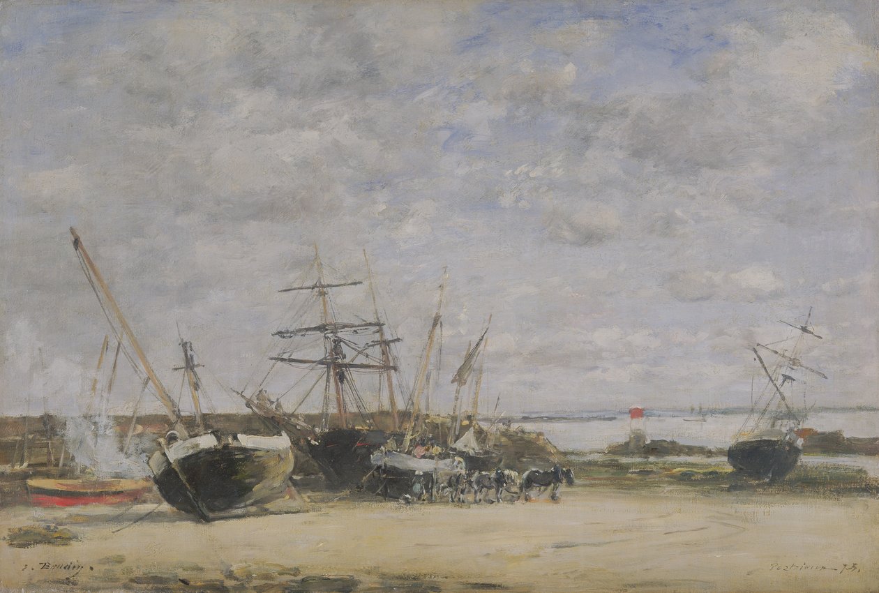 Fartyg och hästar på kusten av Eugene Louis Boudin