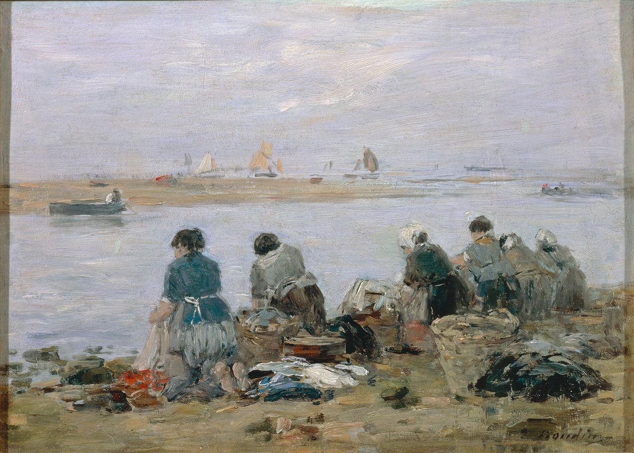 Tvättkvinnor på stranden av floden Touques nära Trouville, av Eugene Boudin, målning av Eugene Louis Boudin