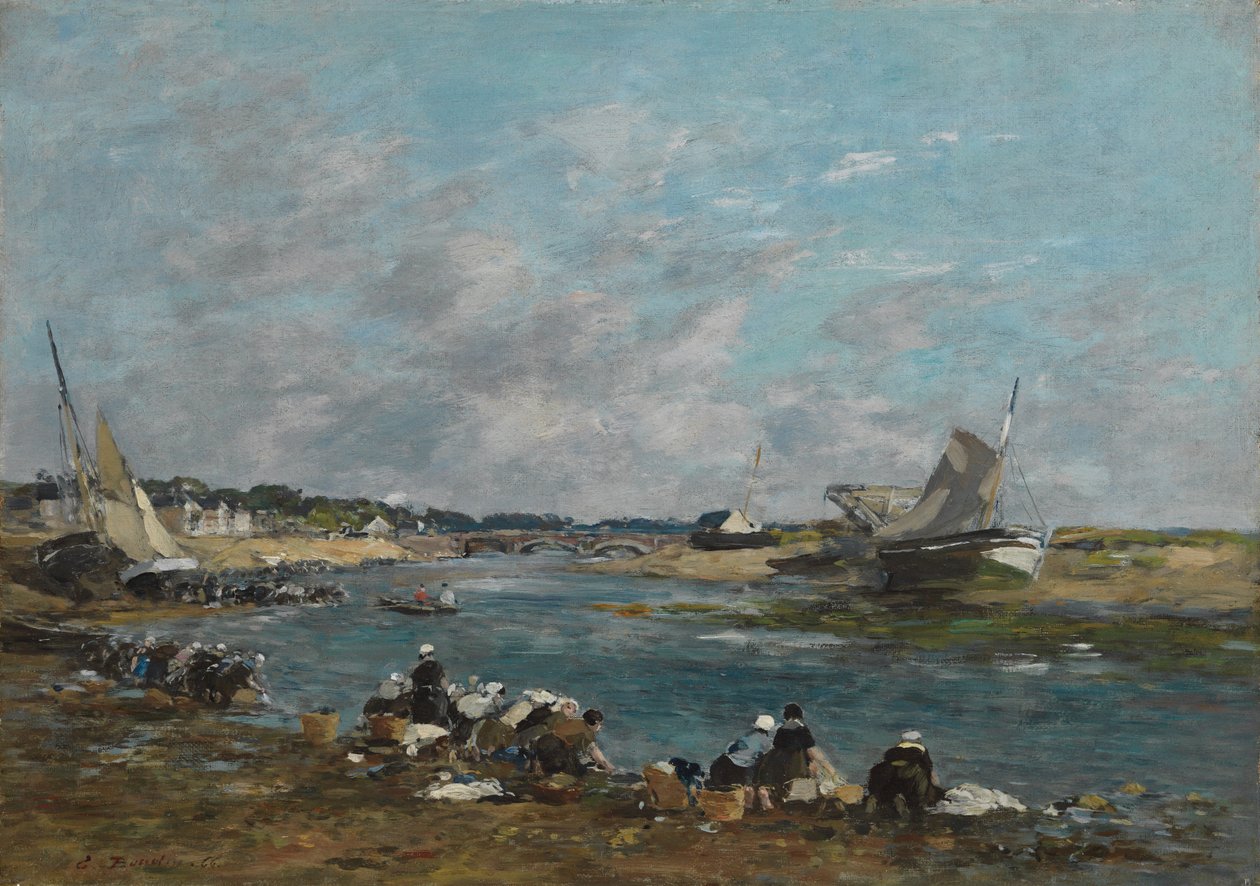 Tvättkvinnor på stranden av floden Touques; Tvättkvinnor på en av armarna på La Touques, 1866 av Eugene Louis Boudin