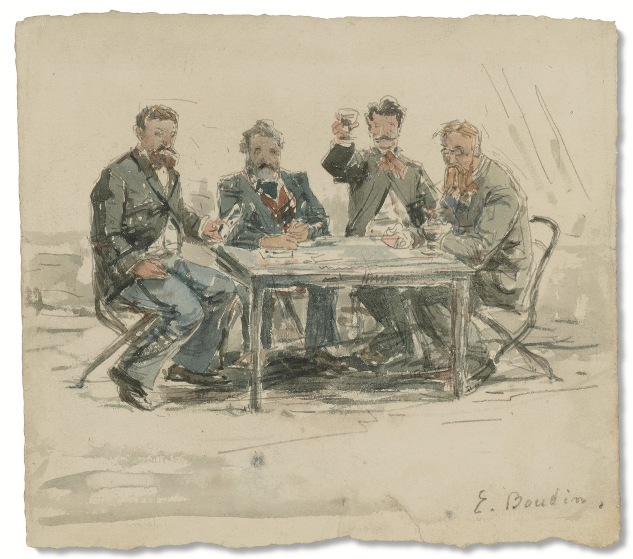 På Saint-Siméon-gården (Jongkind, Émile van Marcke, Claude Monet och "fader Achard"), ca. 1867 (akvarell och penna på papper) av Eugene Louis Boudin