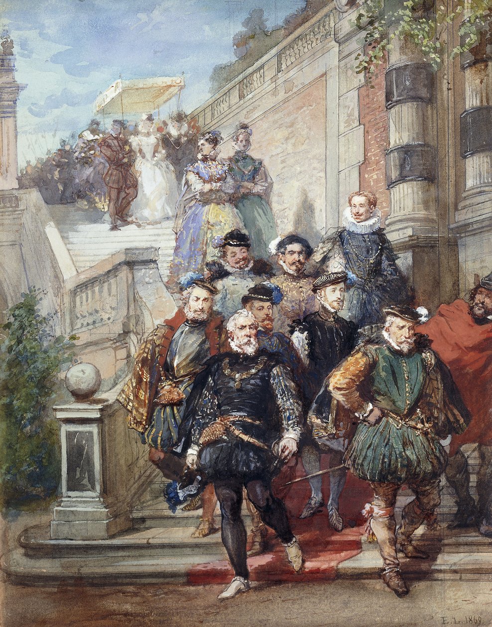 En kunglig procession som går ner för en trappa i en trädgård, 1869 av Eugene Louis Lami
