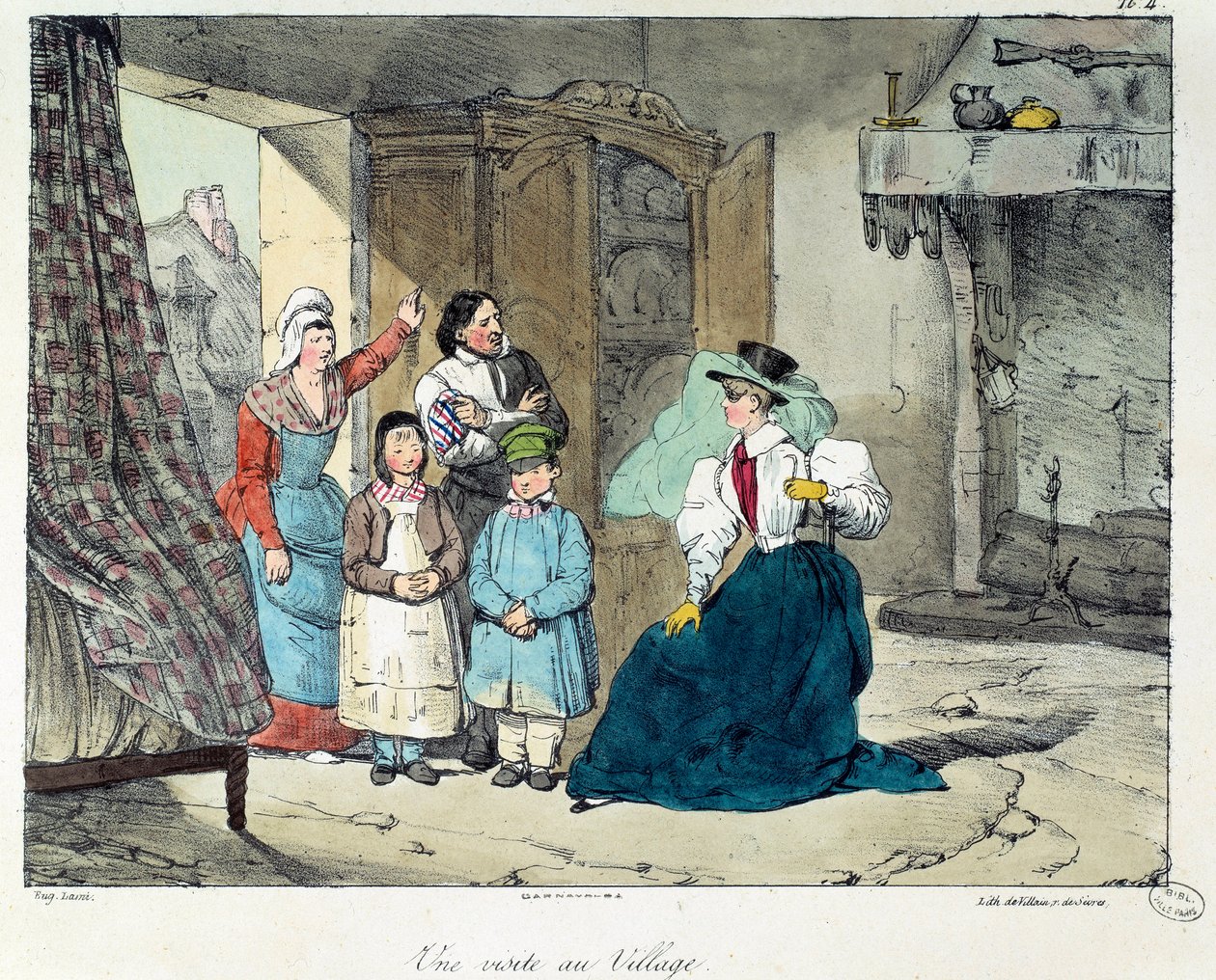 Ett besök i byn. En rik kvinna besöker en fattig familj. Illustration av boken "La vie de chateau"". Gravyr av Eugene Louis Lami (1800-1890) av Eugene Louis Lami