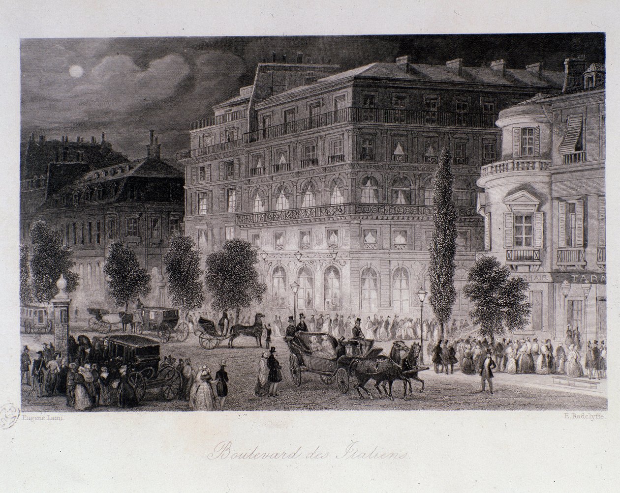 Animation runt teatrar på boulevard des Italians i Paris. Gravyr av Eugene Louis Lami (1800-1890) 1843 Privat samling av Eugene Louis Lami