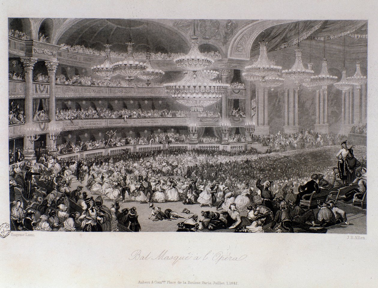 Bollmask anordnad på Opera de Paris. Gravyr av Eugene Louis Lami (1800-1890) 1843 Privat samling av Eugene Louis Lami