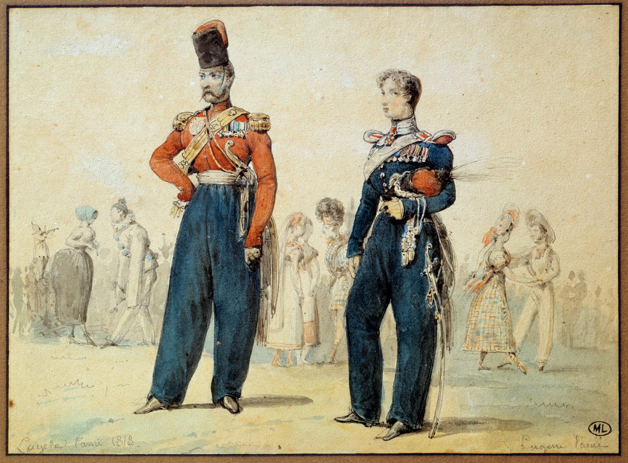 Boldräkt: två män i militäruniform. Teckning av Eugene Louis Lami (1800-1890) 1800-talets Paris, Louvren av Eugene Louis Lami