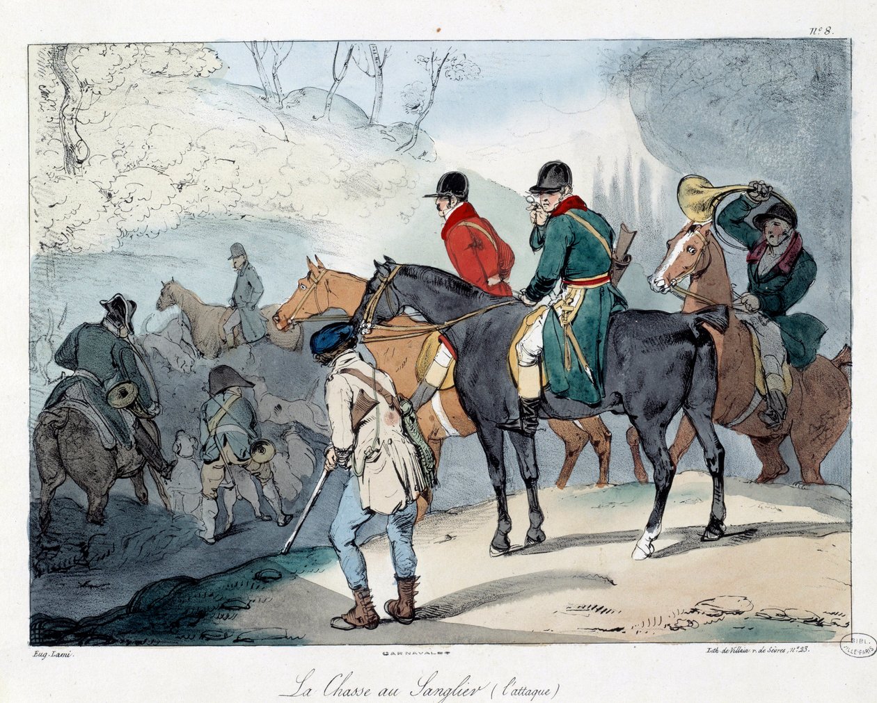 Galtjakt. Illustration av boken "La vie de chateau"". Gravyr av Eugene Louis Lami (1800-1890) av Eugene Louis Lami