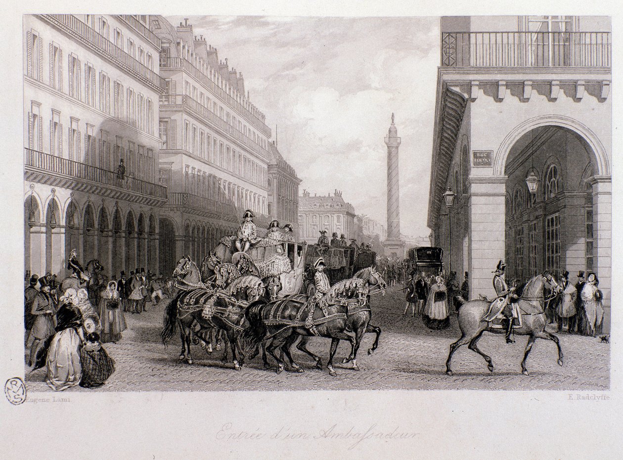 Cortege av en ambassadör på Place de la Bourse vid hans ankomst till Paris. Gravyr av Eugene Louis Lami (1800-1890) 1843 Privat samling av Eugene Louis Lami