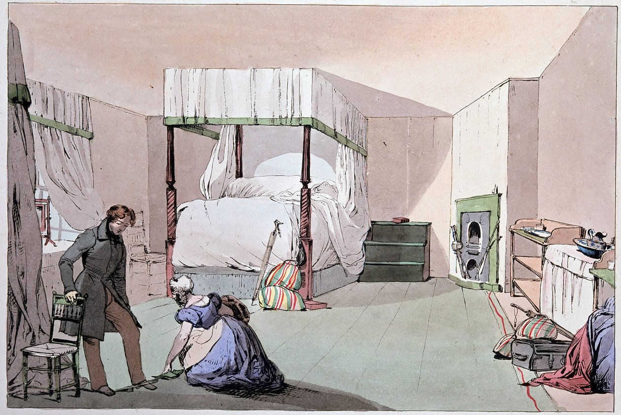 Vandrarhem: en tjänare som hjälper en kund att ta på sig skor. Illustration av Eugene Louis Lami (1800-1890), mitten av 1800-talet av Eugene Louis Lami
