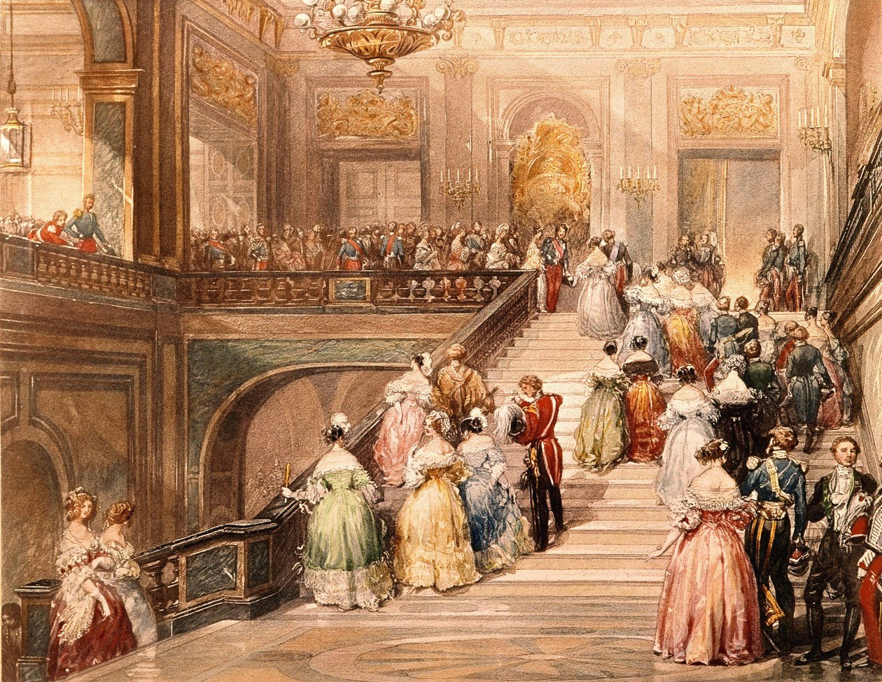 Kung Louis Philippe I (1773 - 1850) och drottning Marie Amélie de Bourbon (1782 - 1866) tog emot gästerna i samband med invigningen av Versailles museum 1837. Illustration av Eugène Lami (1800 - 1890). av Eugene Louis Lami