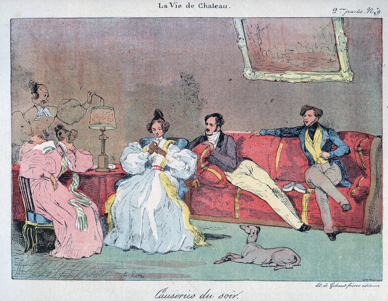 La Vie de chateau - Kvällssamtal - Illustration av Eugene Lami (1800-1890) I "" LE-RIRE"" från 1885 av Eugene Louis Lami