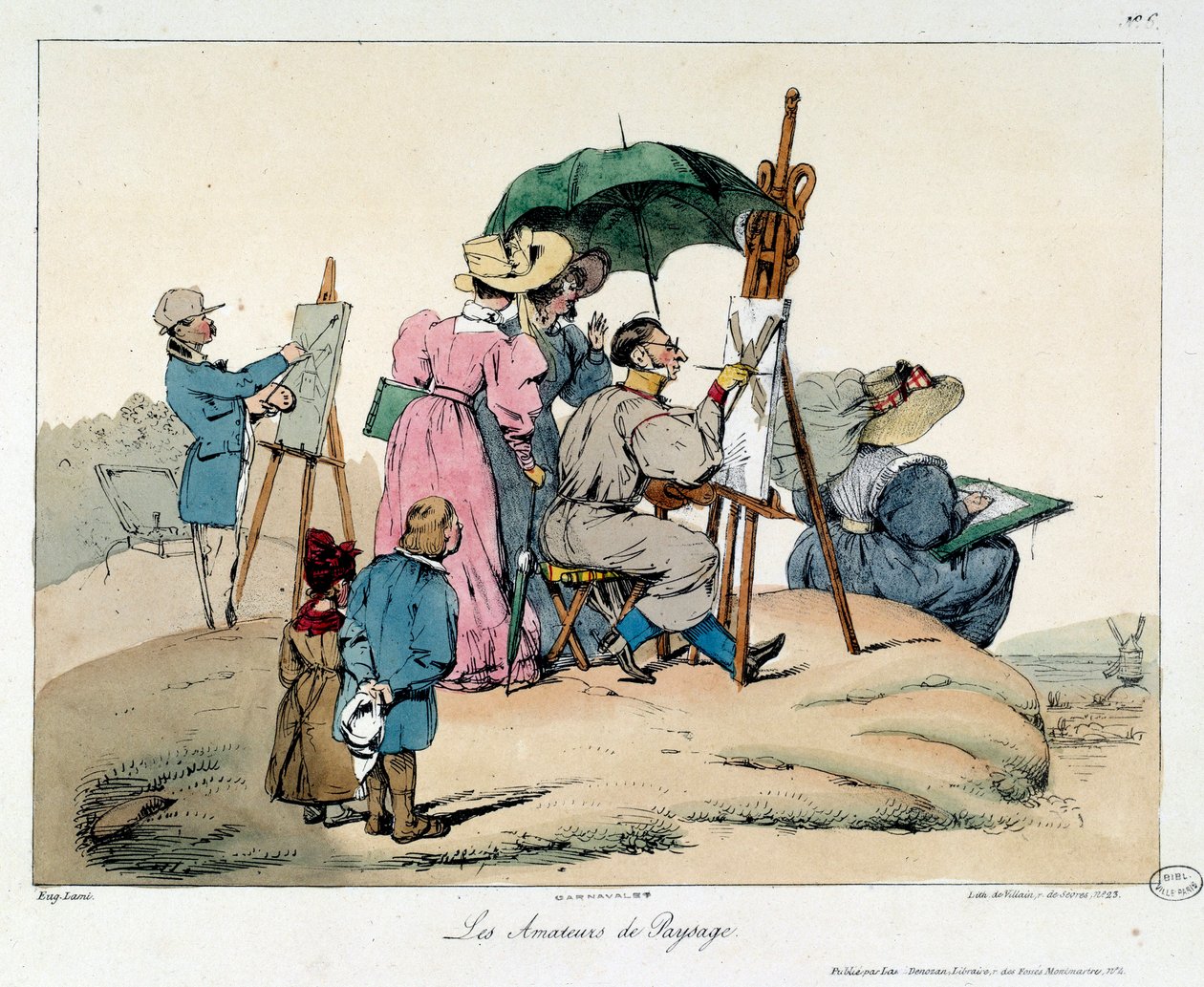 Landskap älskare. Presenterade målare samlas för att måla ett maritimt landskap. Illustration av boken la vie de chateau av Eugene Louis Lami