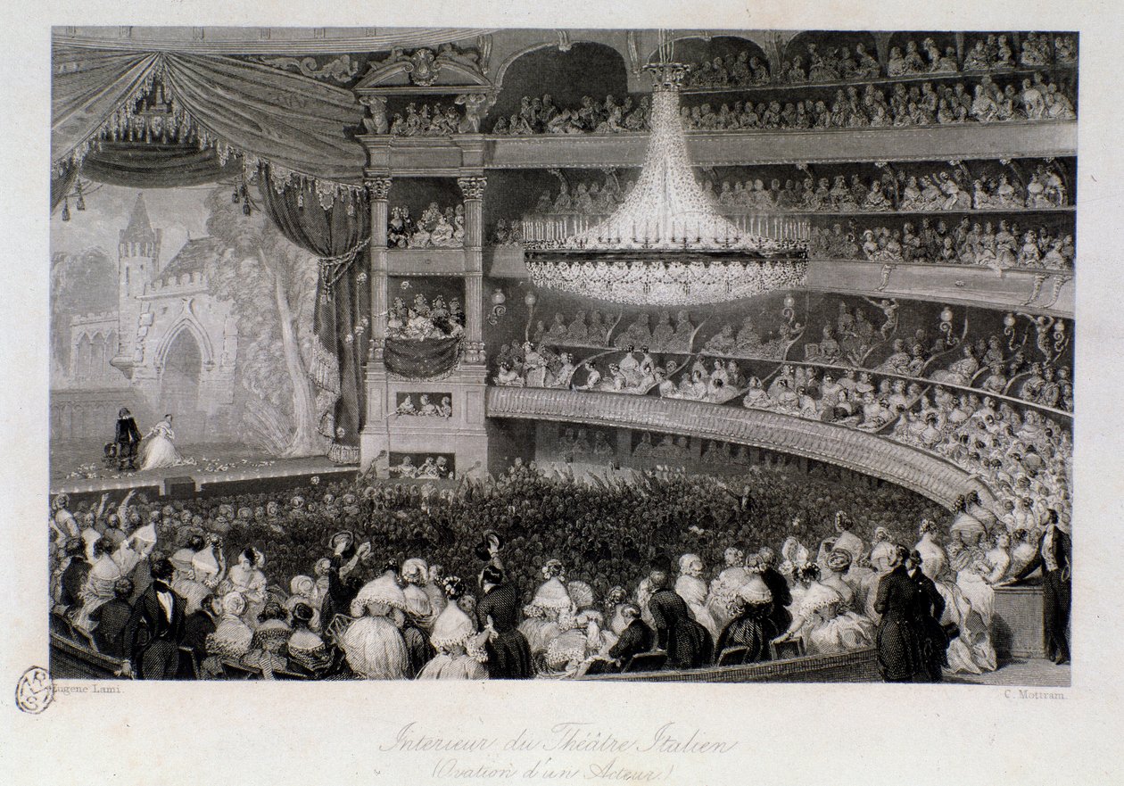 Ovation av en skådespelare under en föreställning på Theatre des Italians i Paris. Gravyr av Eugene Louis Lami (1800-1890) 1843 Privat samling av Eugene Louis Lami