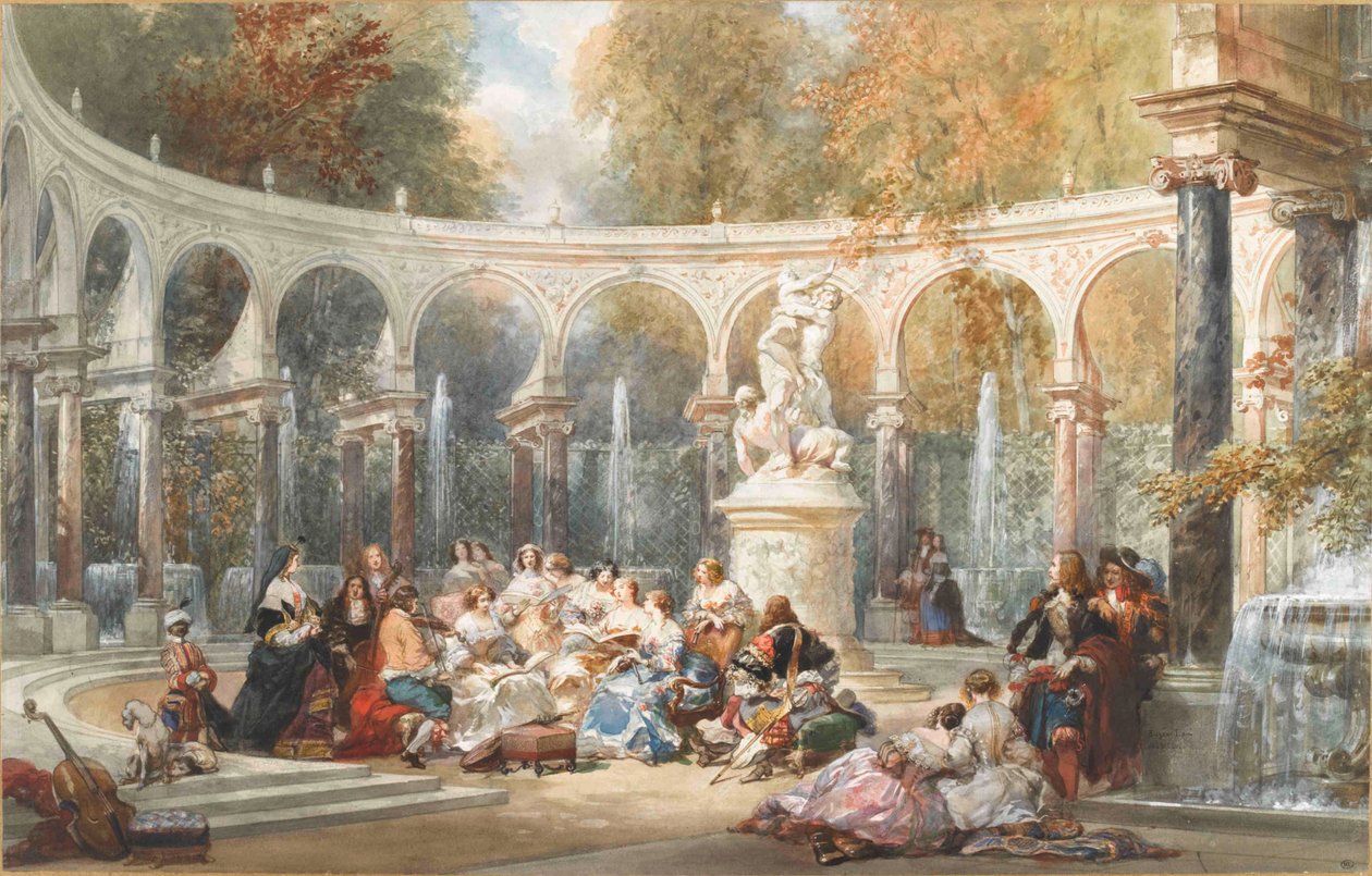 Sällskap vid Bosquet de la Colonnade i Versailles trädgård. av Eugene Louis Lami
