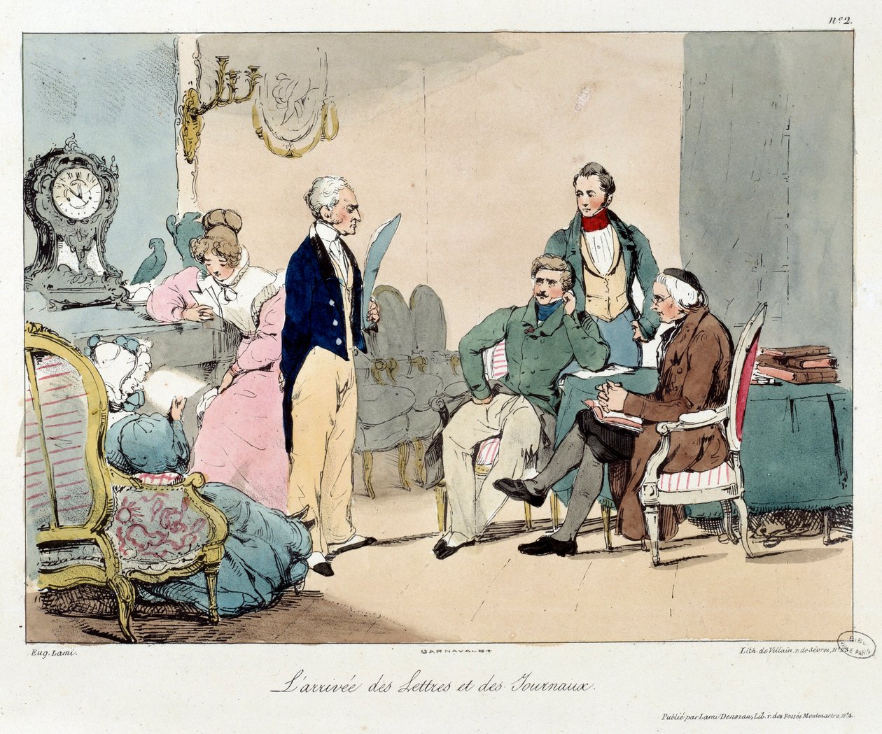Ankomsten av brev och tidningar. Illustration av boken "La vie de chateau"". Gravyr av Eugene Louis Lami (1800-1890) av Eugene-Louis Lami