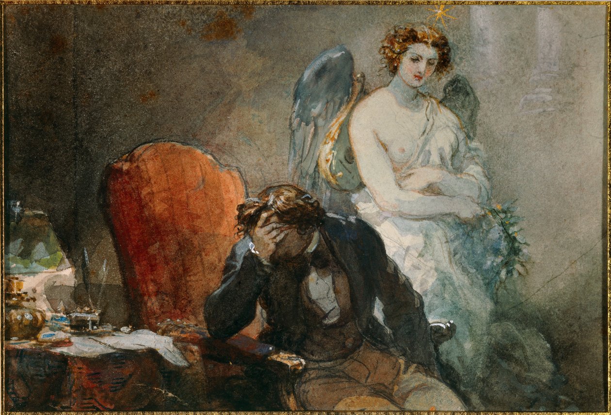 Natten till oktober Illustration av verk av Alfred de Musset (1810-1857). Akvarell av Eugene Louis lami (1800-1890) 1800-talets sön. 0,1x0,14 m Malmaison, musee du chateau av Eugene Louis Lami