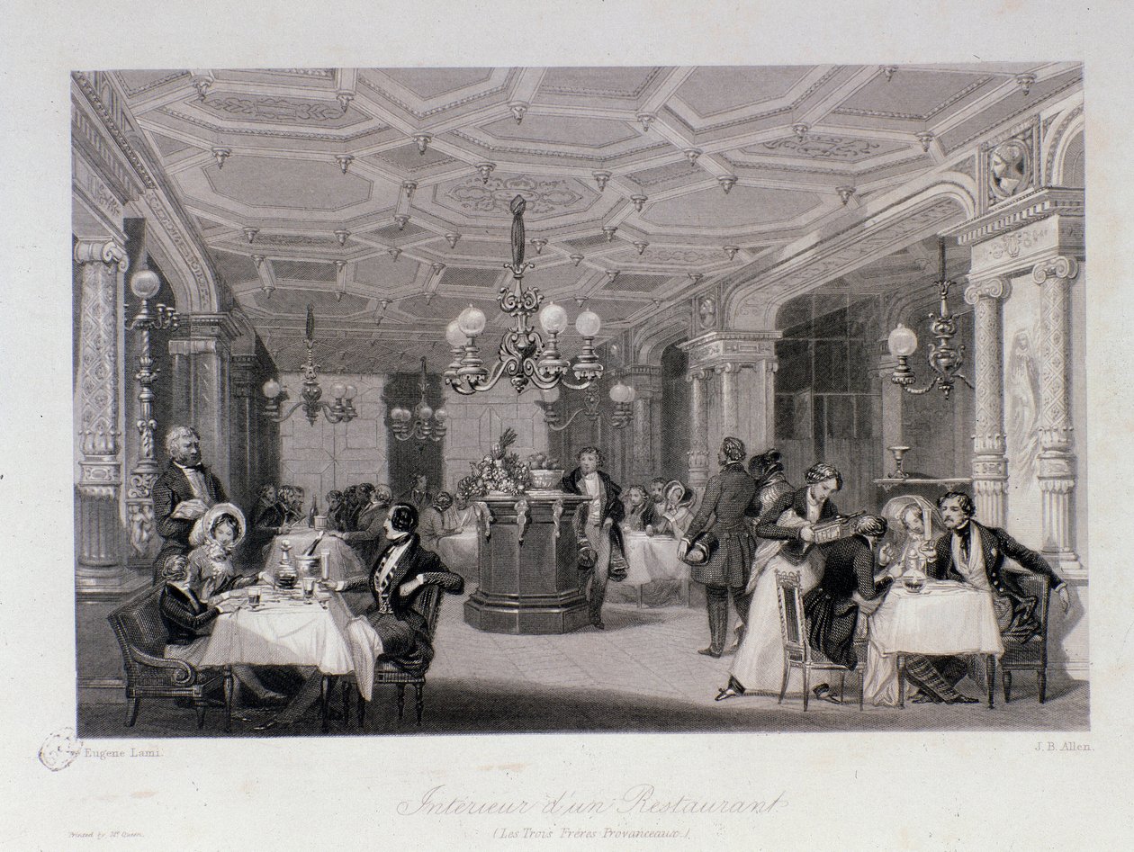 Utsikt över interiören av restaurangen "Les trois freres provencaux"" nära Palais Royal i Paris. Gravyr av Eugene Louis Lami (1800-1890) 1843 Privat samling av Eugene Louis Lami