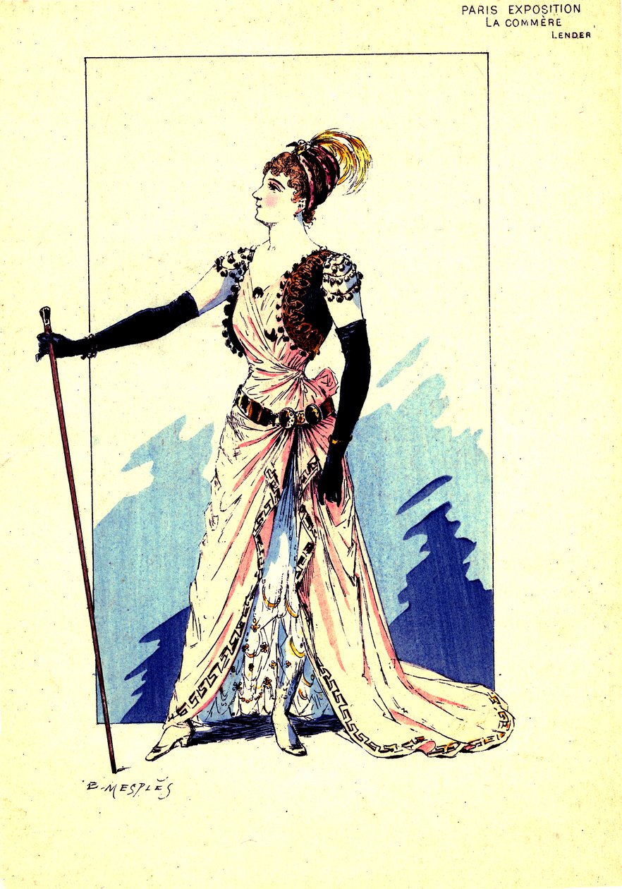Kostym till pjäsen "The Gossip". 1889 (gravyr) av Eugene Mesples