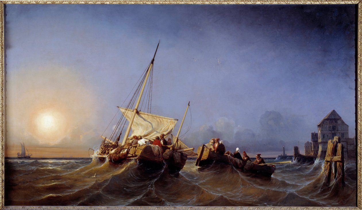 Fiskarnas återkomst till den nedgående solen Målning av Eugene Lepoittevin (1806-1870) 1835 Brest, Musee des Beaux Arts av Eugene Modeste Edmond Lepoittevin