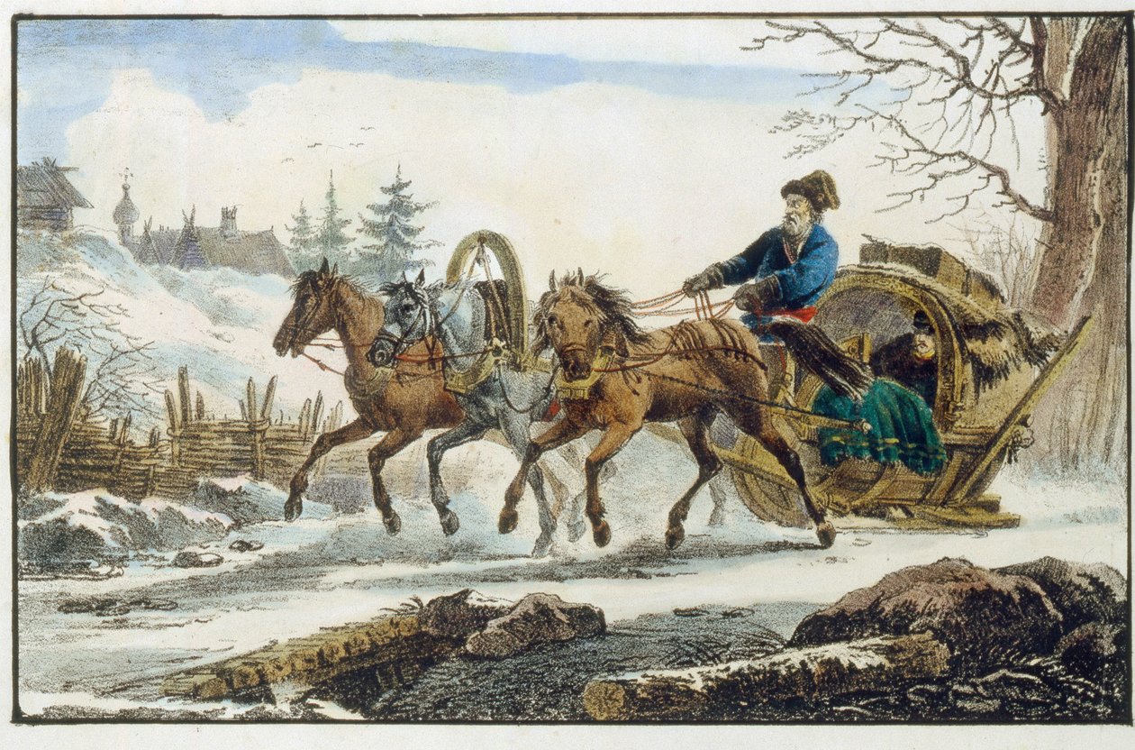 Hästsläden, med skydd för resenärer. (Trojka Kibitka). Verk av Eugene Pluchard (1809-1880), litografi och akvarell av Eugéne Pluchart