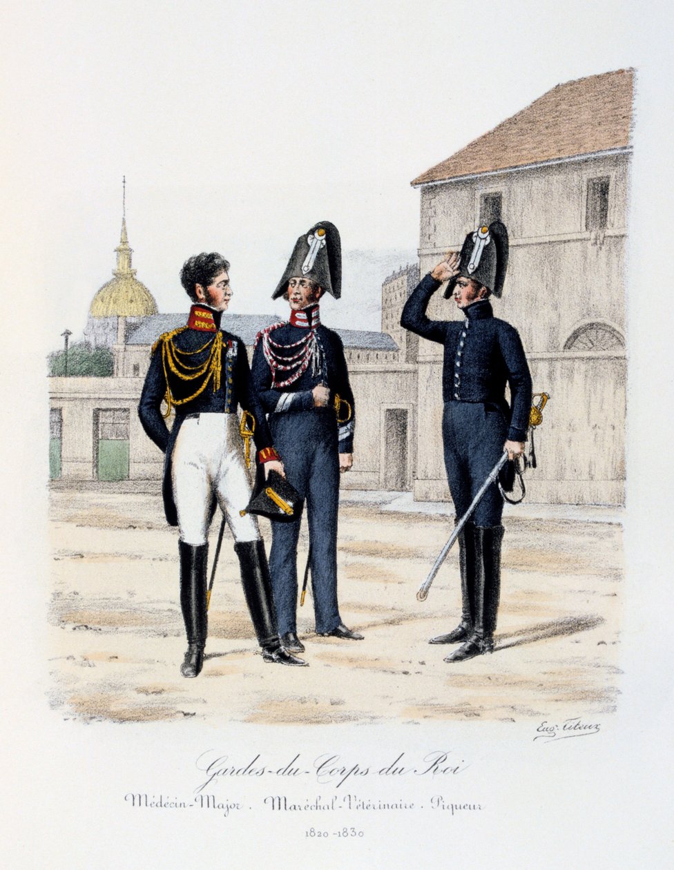 Kungens livvakter, läkare-major, marskalk-veterinär och pikör, 1820-30 av Eugene Titeux