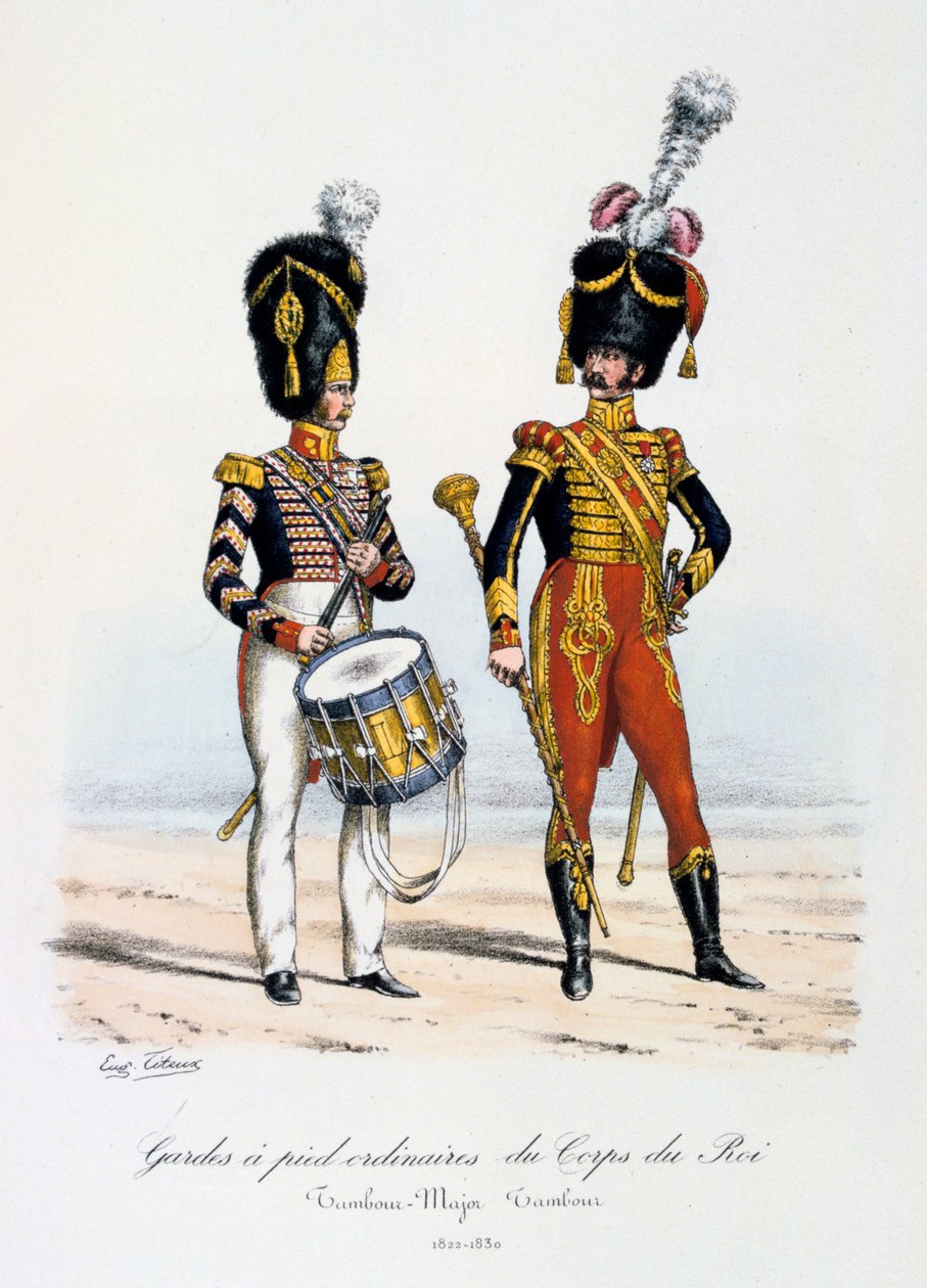 Ordinarie fotvakter av kungens kår, trummajor och trumslagare, 1822-30 av Eugene Titeux